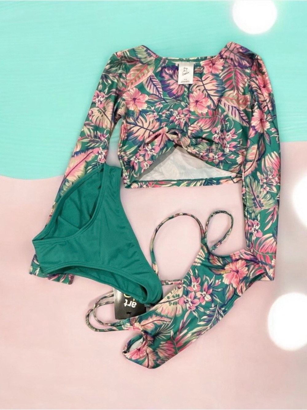 art class Tropical Floral Rashguard Bikini Set - Teal & Pink